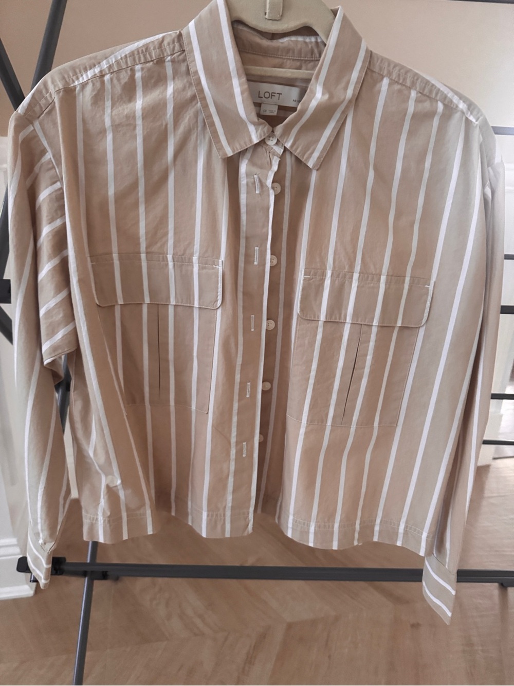 LOFT Beige and White Striped Long Sleeve Button-Up Shirt crop